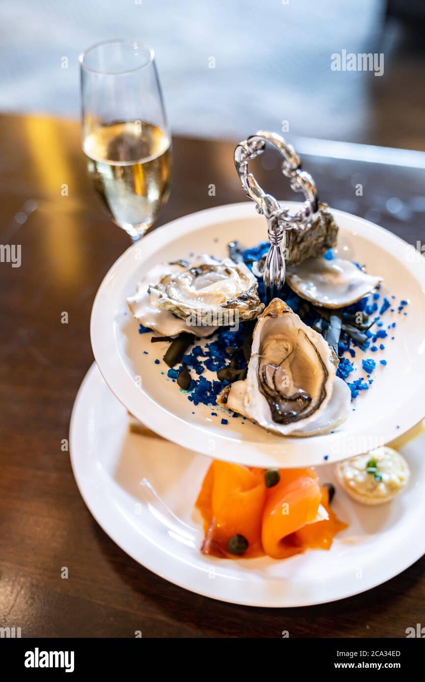 cocktail Canapes dish, Fresh Oyster and smoked salmon seafood