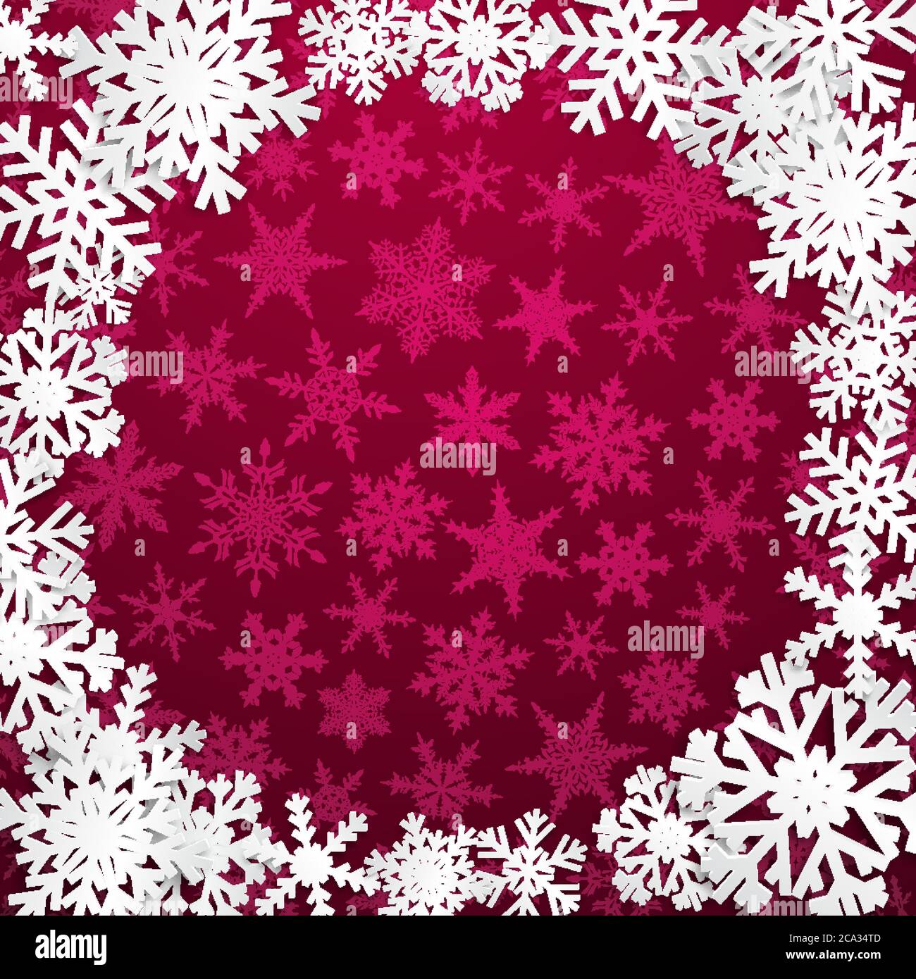Christmas illustration with circle frame of white snowflakes on purple ...