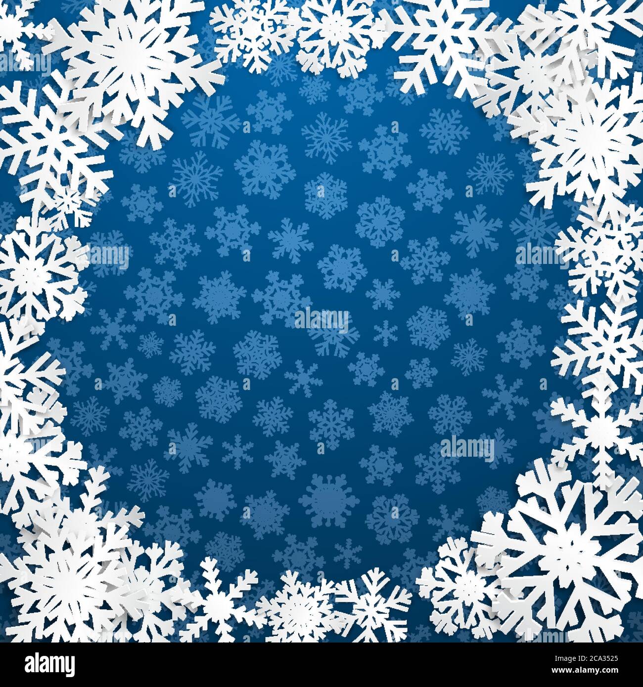Christmas illustration with circle frame of white snowflakes on blue ...