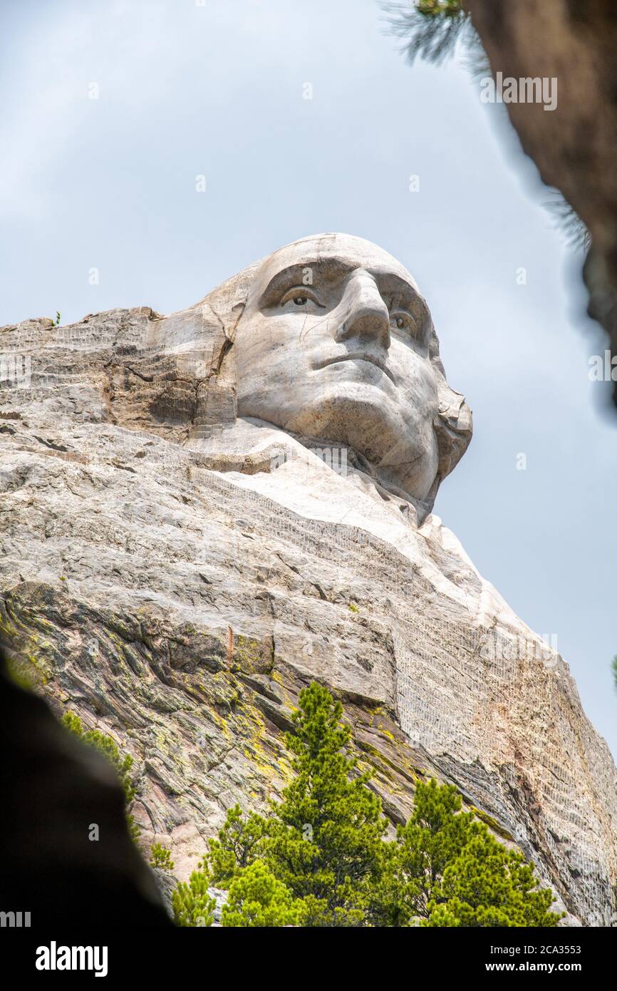Famous Landmark of George Washington Sculpture - Mount Rushmore National Monument, near Keystone, South Dakota - USA, Black Hills. Stock Photo