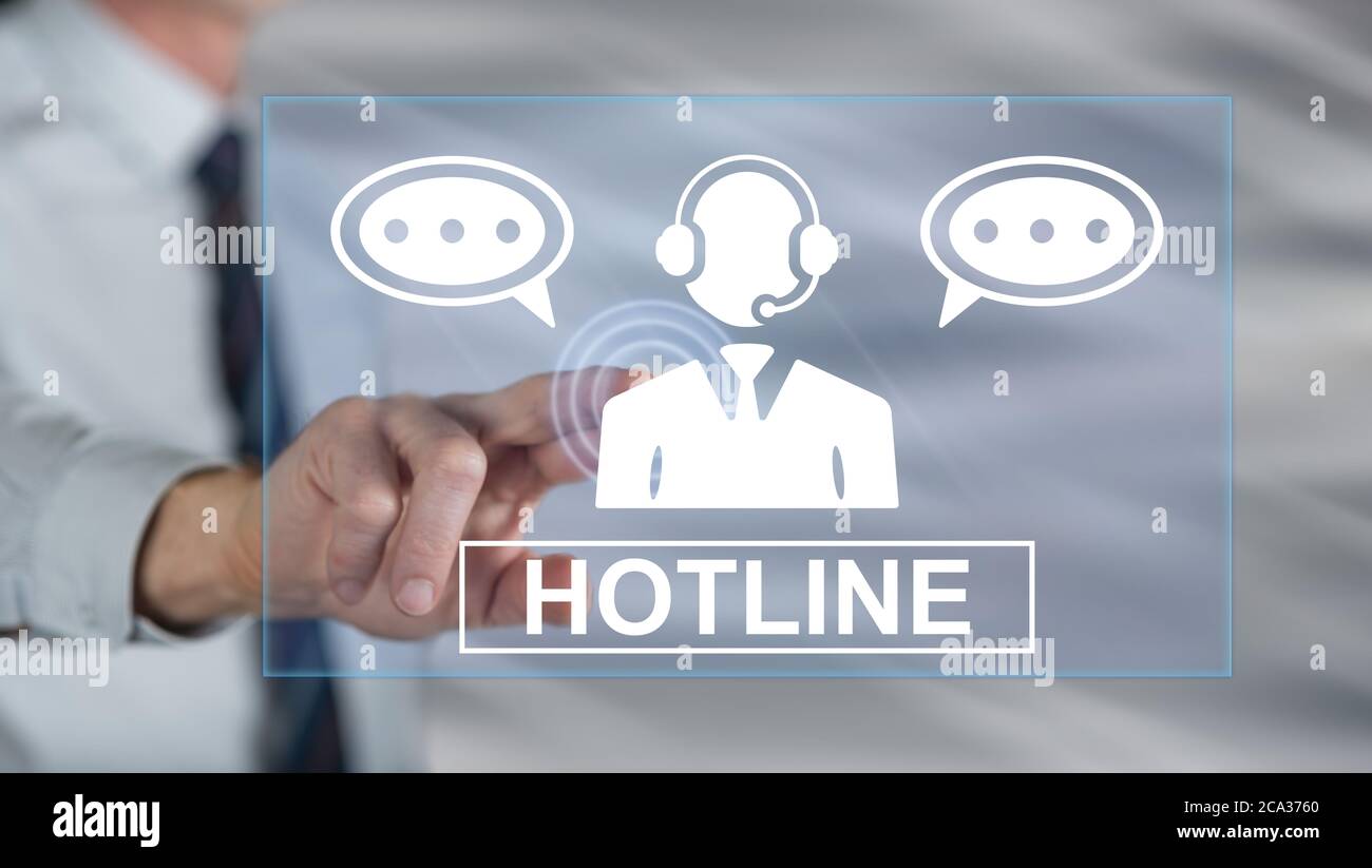 Man touching a hotline concept on a touch screen with his finger Stock ...