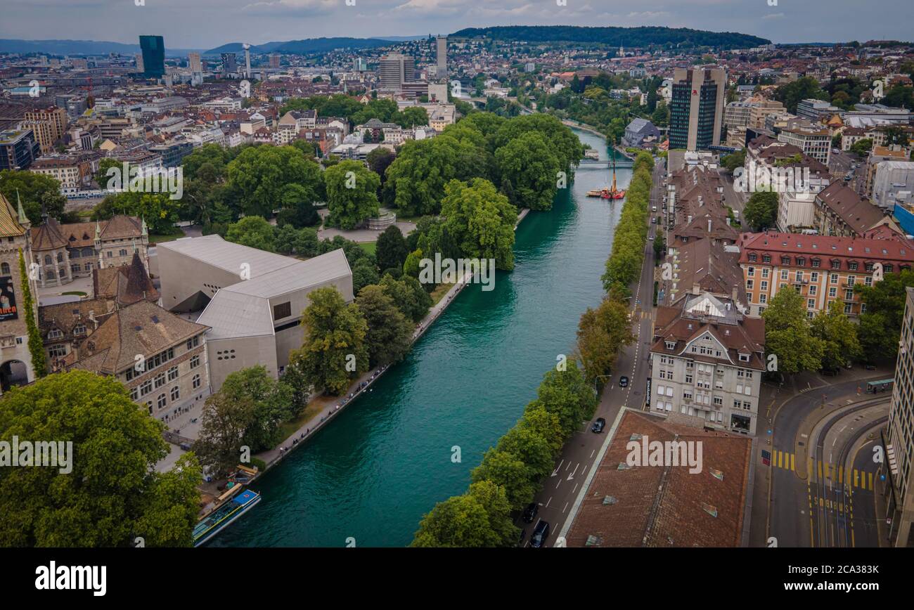 Flight over River Limmat in Zurich Switzerland - drone footage. Stock Photo