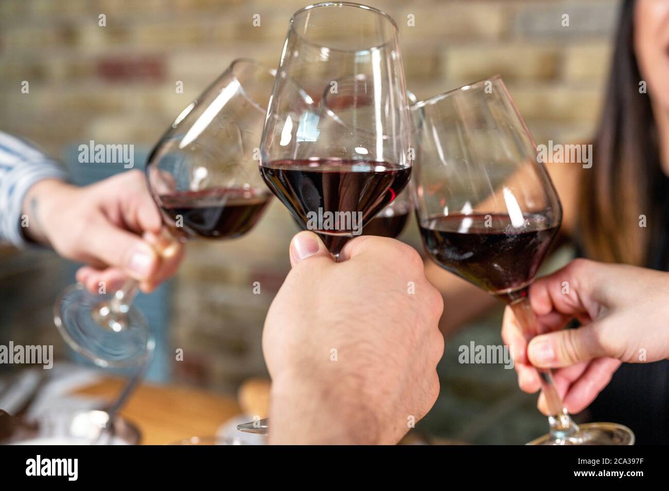 Celebration. Group of friends holding The Glasses Of Wine Making A Toast. High quality photo. Stock Photo