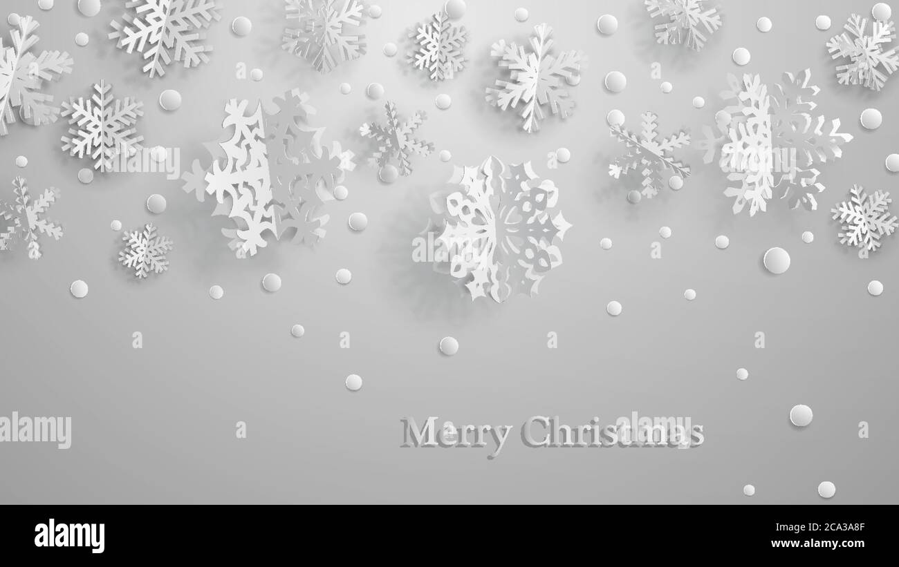 Christmas illustration with white three-dimensional paper snowflakes on gray background Stock Vector