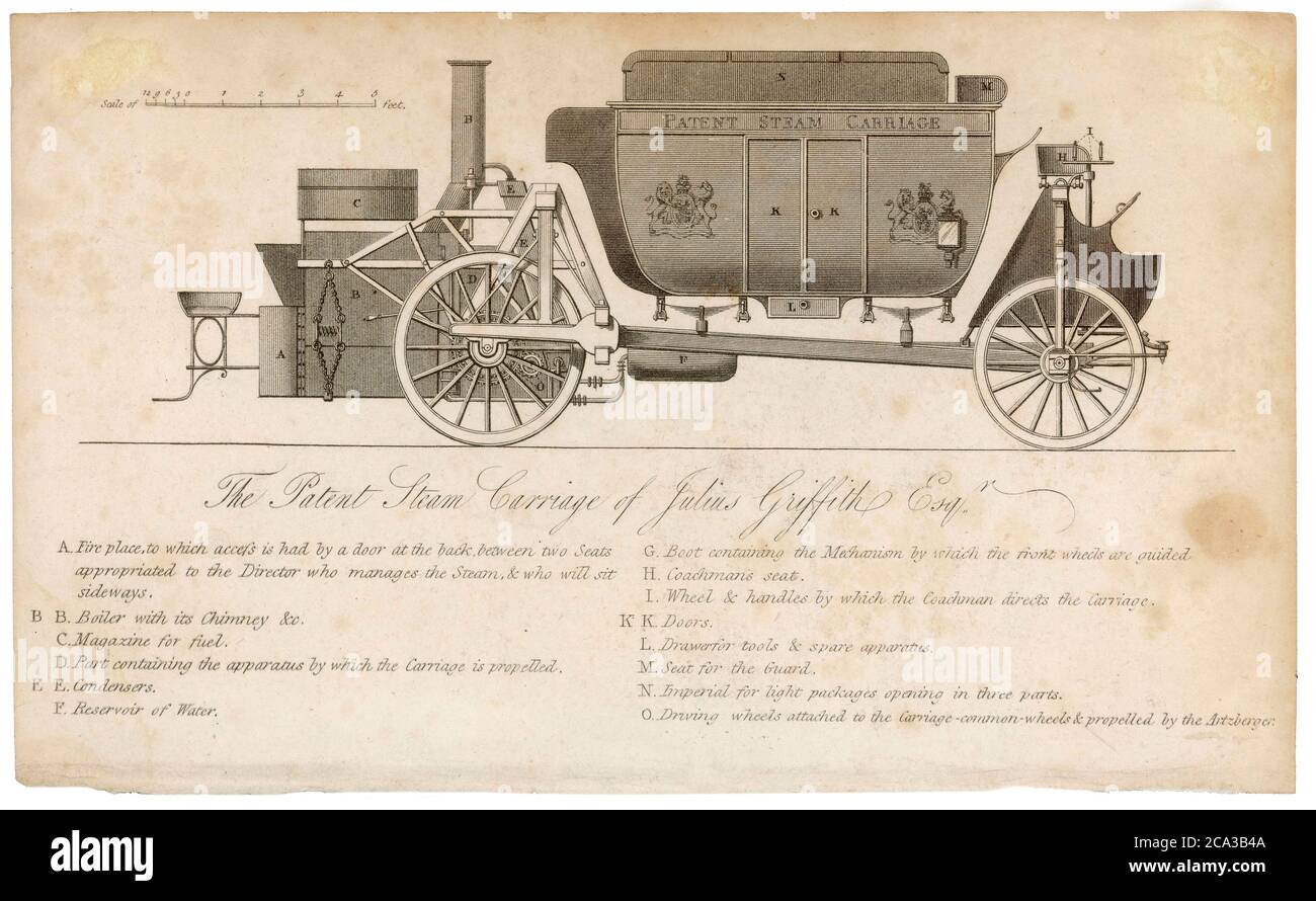 Patent Steam Carriage of Julius Griffith, circa 1821, engraving Stock Photo