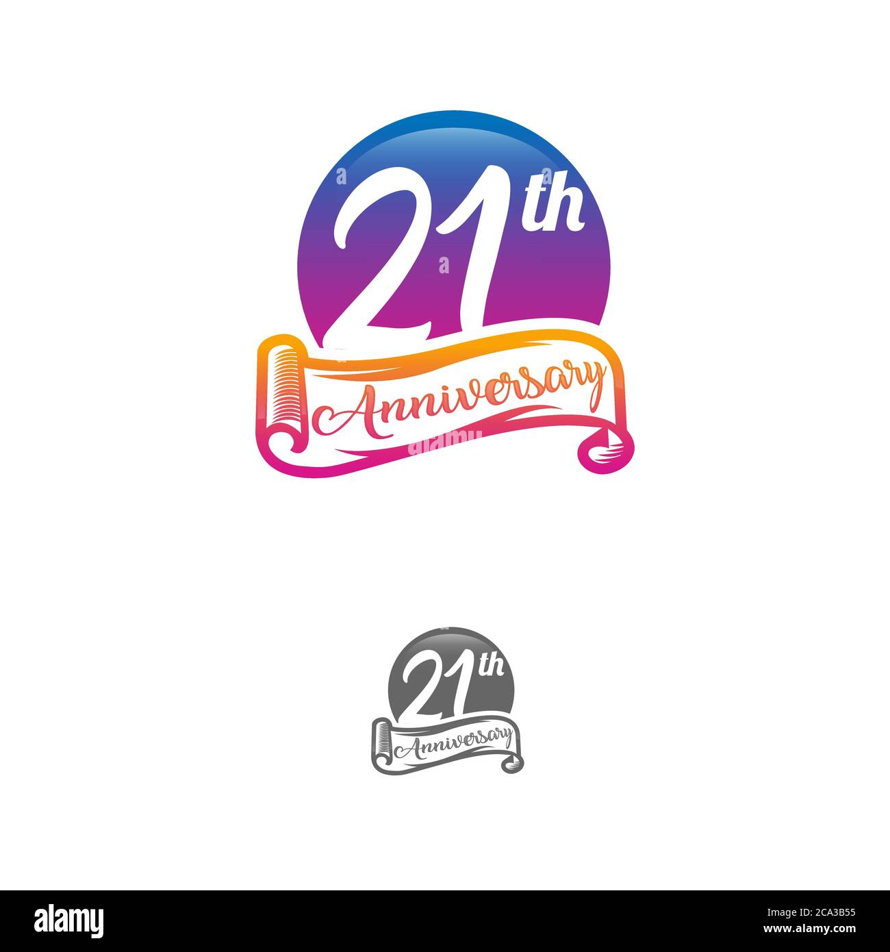21 years anniversary logo template isolated on white, black and white stamp 21th anniversary icon label with ribbon Stock Vector
