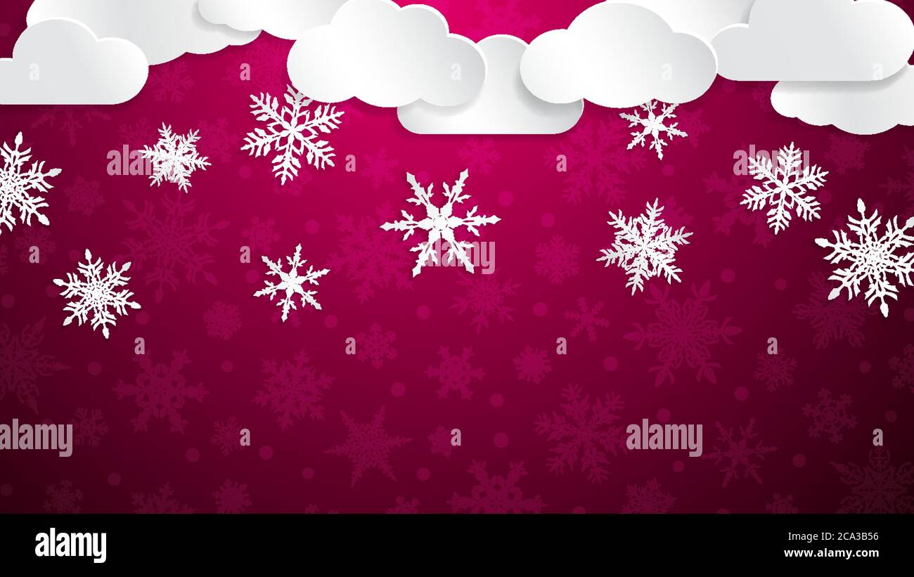 Christmas illustration with white clouds and snowflakes on purple background Stock Vector