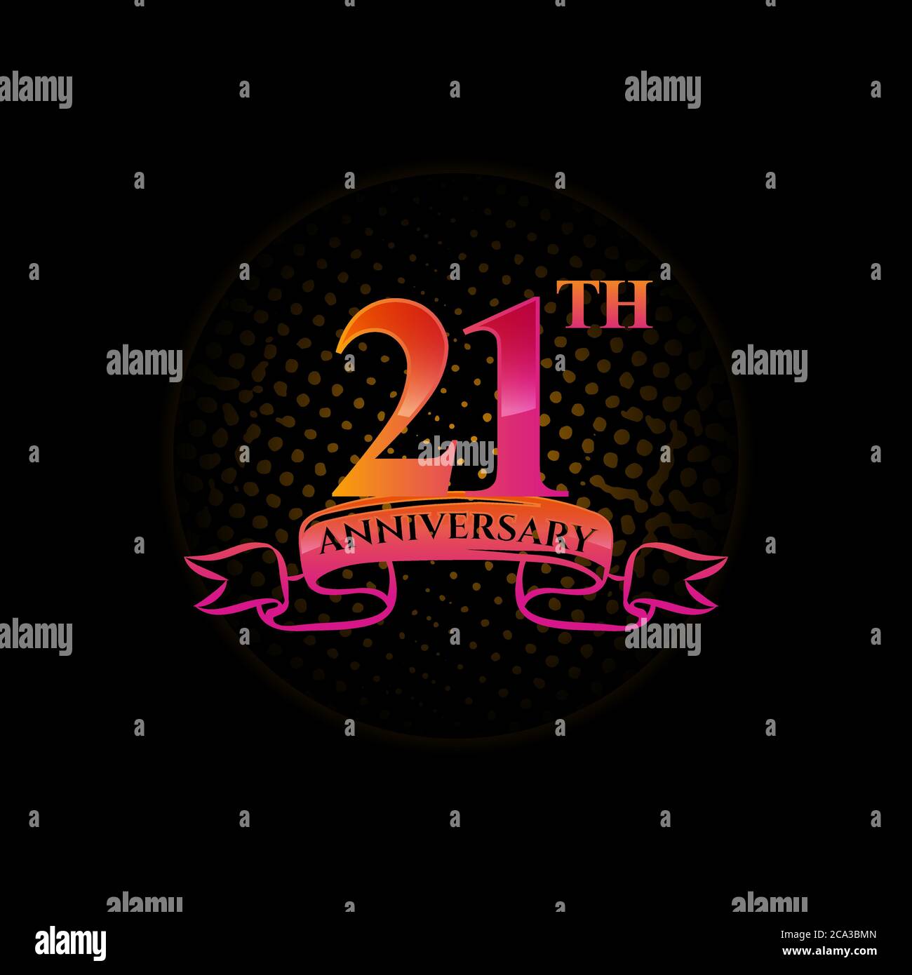 Celebrating the 21th anniversary logo, with gold rings and gradation ribbons isolated on a black background. Stock Vector