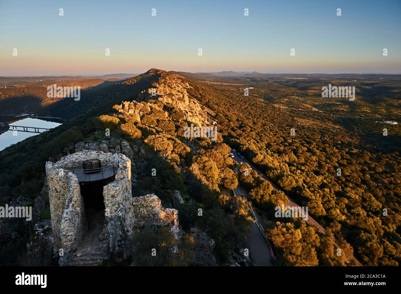 View of Monfragüe Castle and extremaduran landscape in Monfragüe National Park, Extremadura, Spain Stock Photo