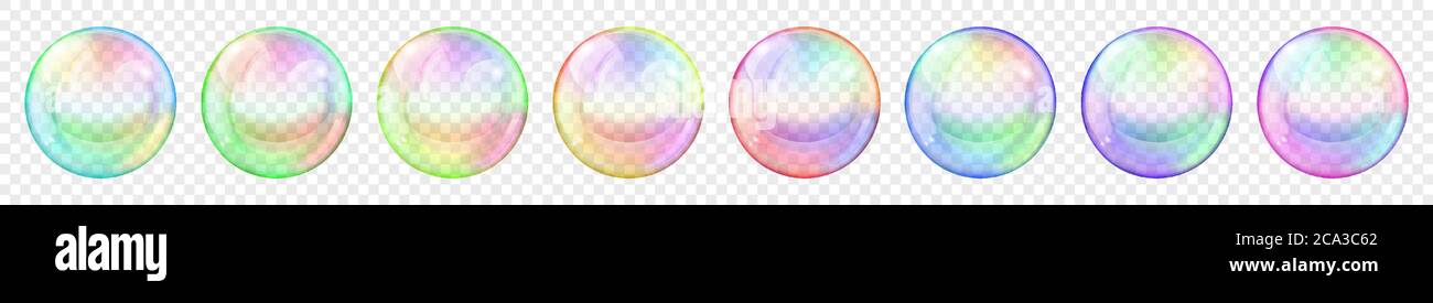 Set of translucent colored soap bubbles on transparent background. Transparency only in vector format Stock Vector