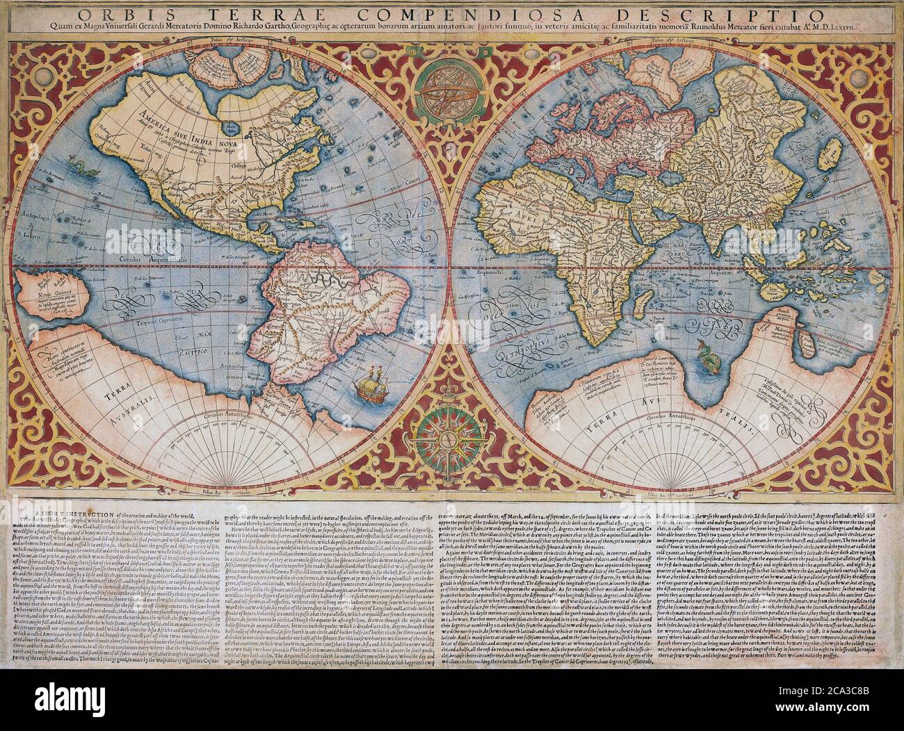 Map of the world by Gerard Mercator, first published circa 1595. Orbis terrae compendiosa descriptio. Stock Photo