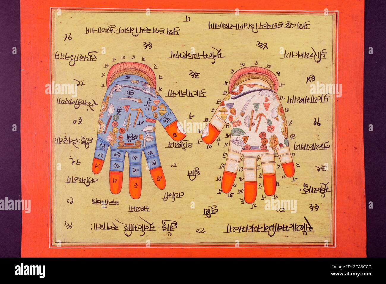 Rajasthani miniature painting from Rajasthan, India. Probably late 19th century or early 20th century. Hands covered with symbols. Stock Photo