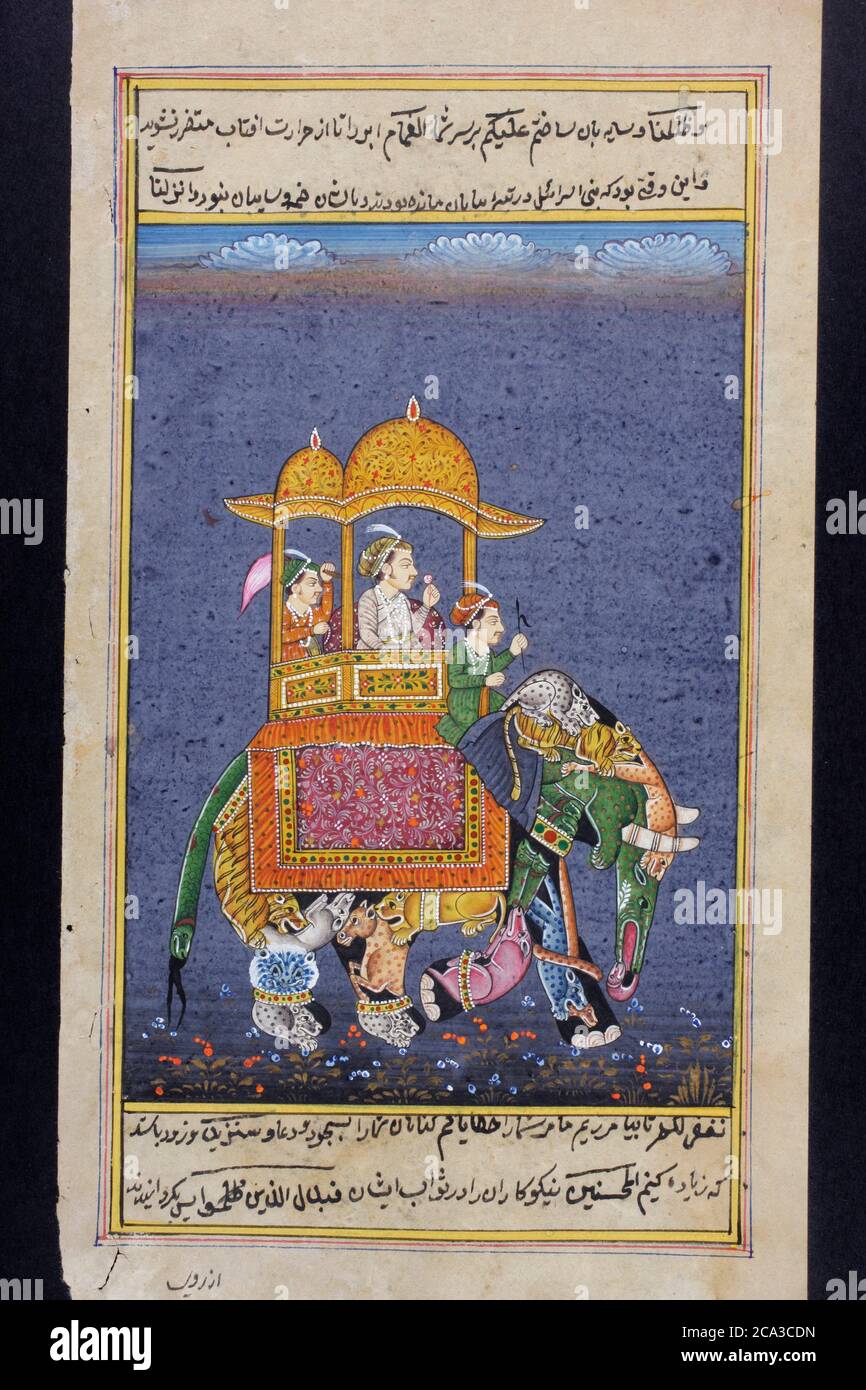 Rajasthani miniature painting from Rajasthan, India. Probably late 19th century or early 20th century. A man of rank riding on an elephant with an Stock Photo