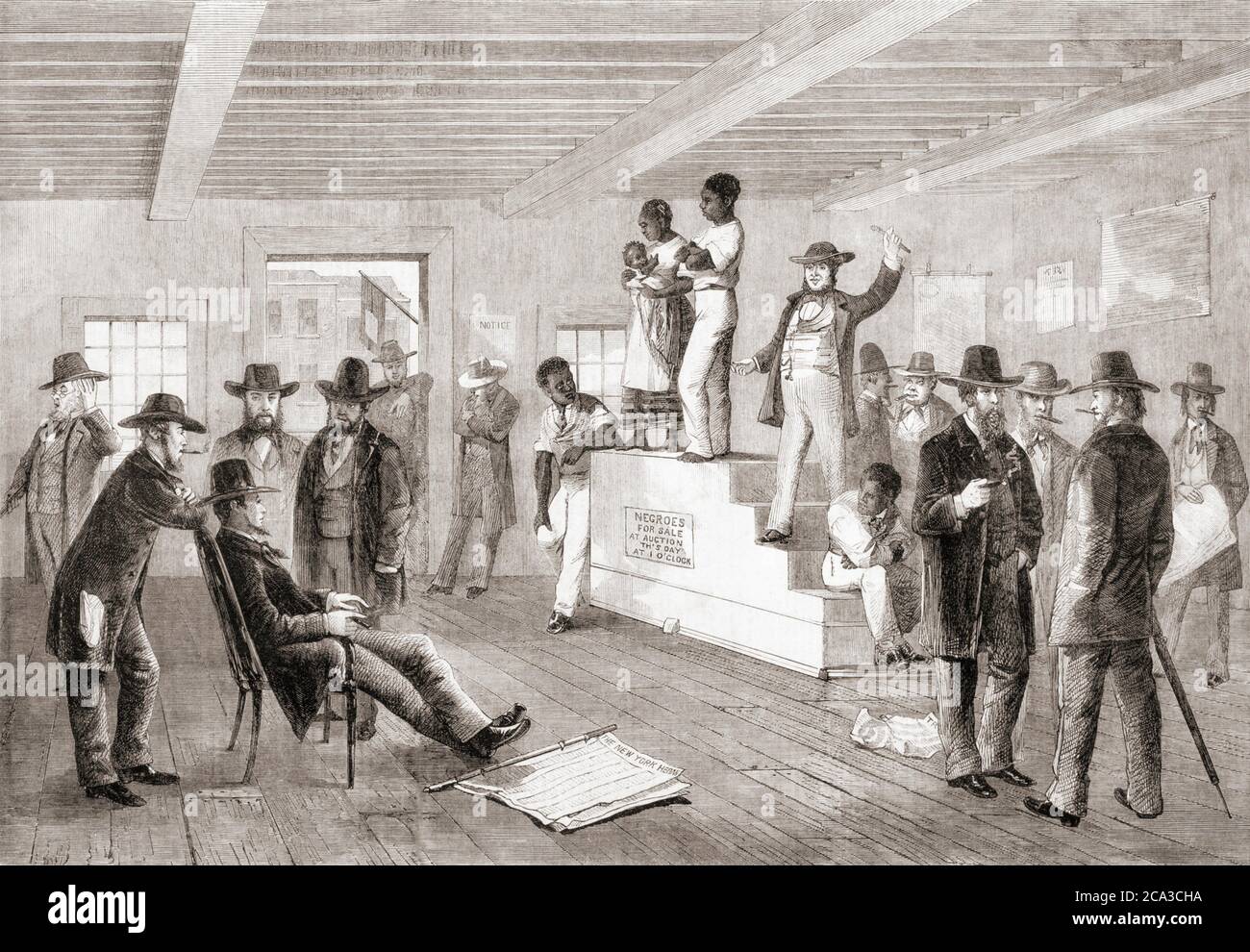 A slave auction in Virginia, USA, in the mid 19th-century. After an illustration by an unidentified artist in the Illustrated London News, February Stock Photo