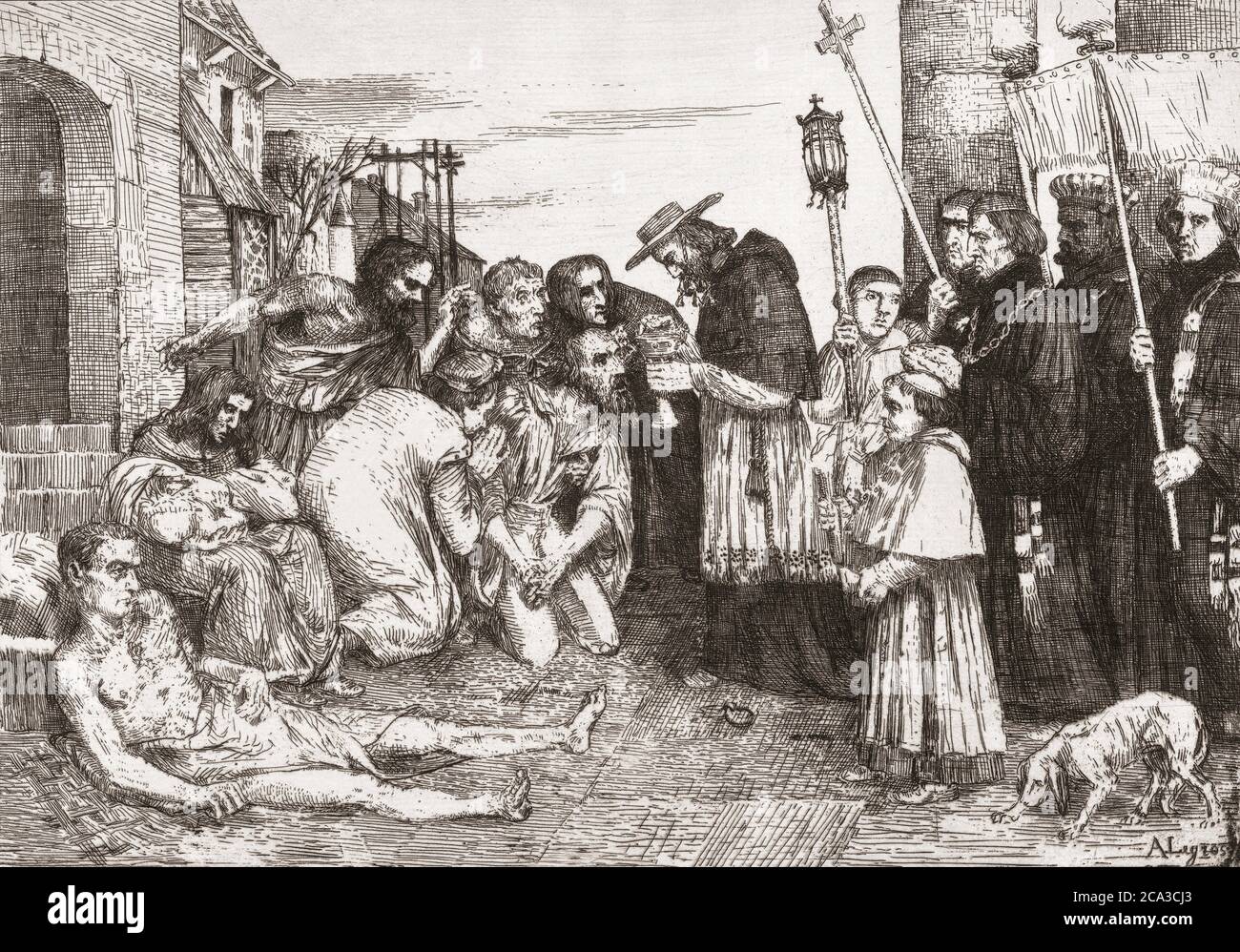 The Plague Victims of Rome, after an etching by French artist Alphonse Legros, 1837 - 1911. People stricken with the plague receive the last Stock Photo