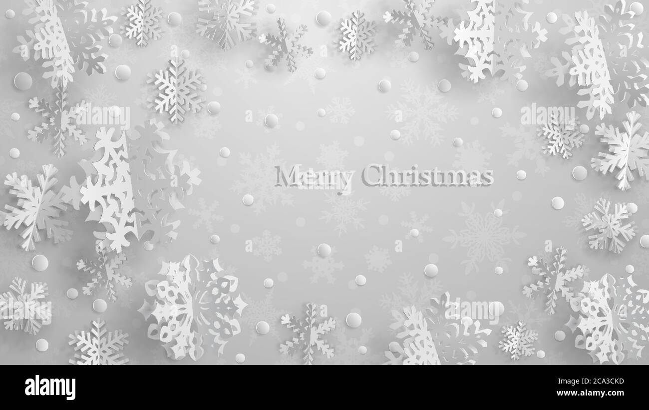 Christmas illustration with white three-dimensional paper snowflakes on ...