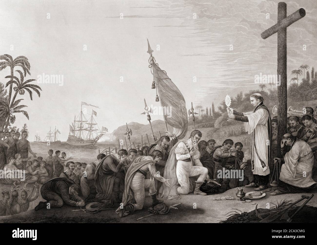 Columbus lands in the New World. From a 19th century engraving by George Lang, after a work by John James Barralet. Stock Photo
