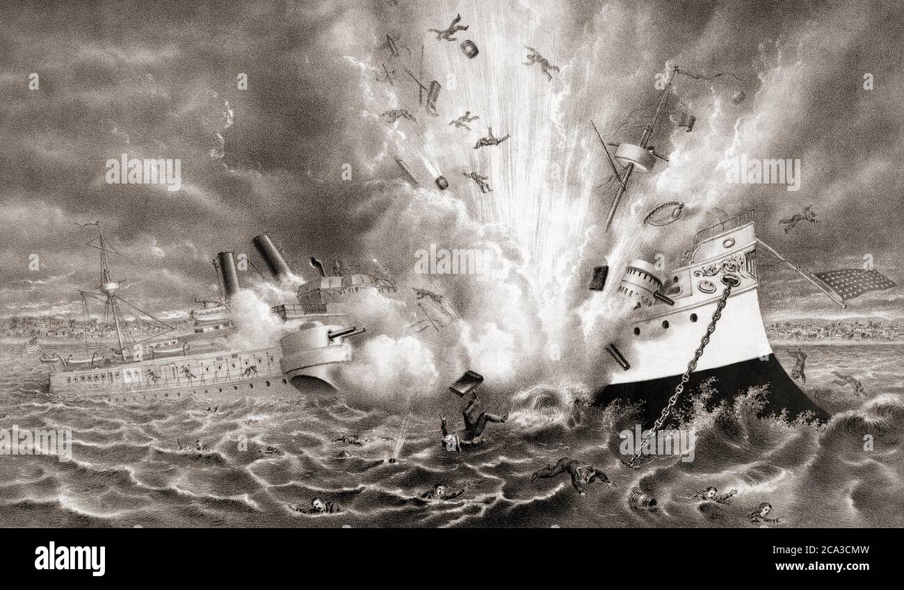 Destruction of the U. S. warship Maine in Havana Harbour, Cuba, February 15th, 1898 an event which contributed to the start of the Spanish-American Stock Photo