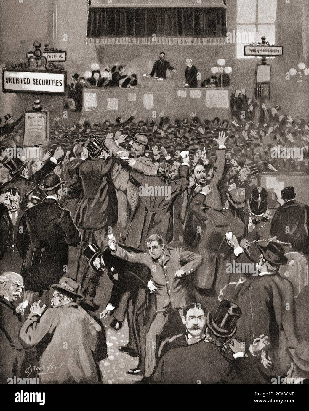 Panic in the New York Stock Exchange in May 1893. An economic depression which lasted from 1893 through 1897 became known as the Panic of 1893. After Stock Photo
