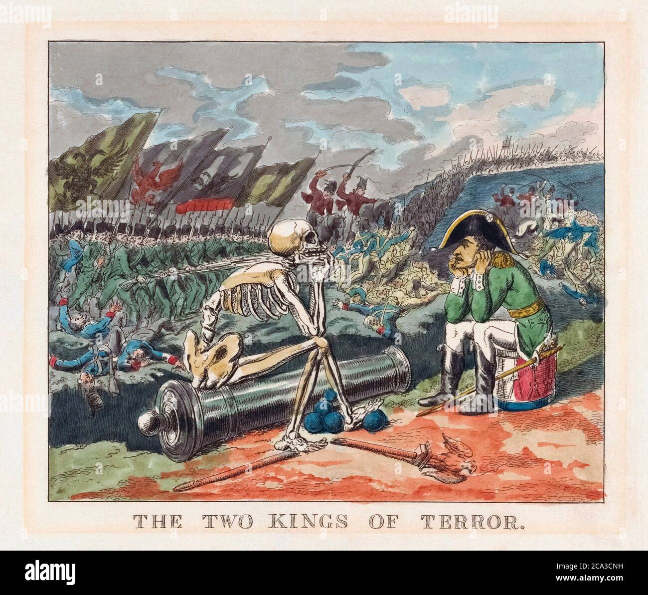 The Two Kings of Terror. Death and Napoleon sit staring at each other in the debris of a battlefield. Political cartoon dated 1814. After a work by Stock Photo