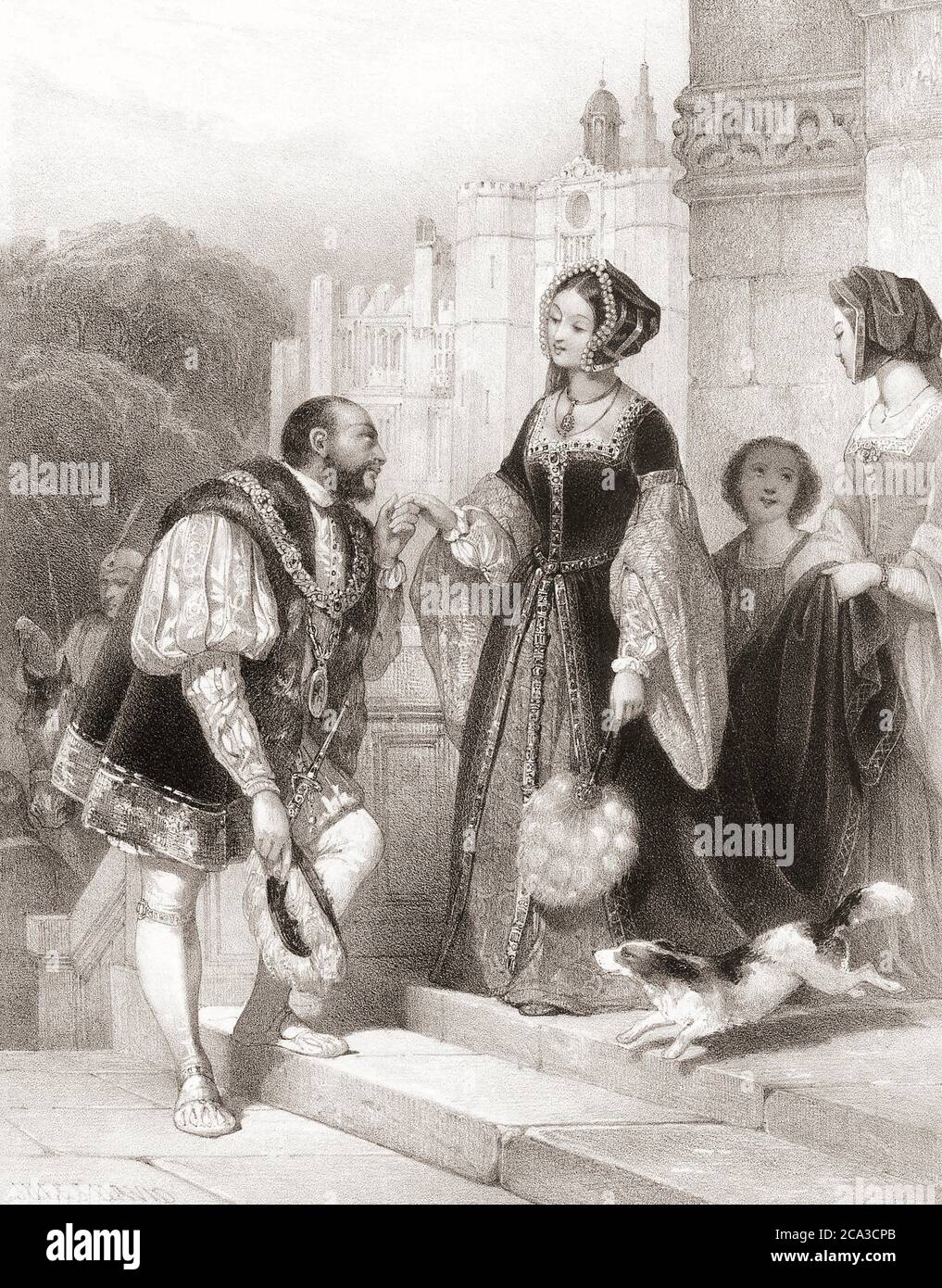 King Henry VIII of England meeting with Anne Boleyn. After a 19th century work by Jules David. Stock Photo