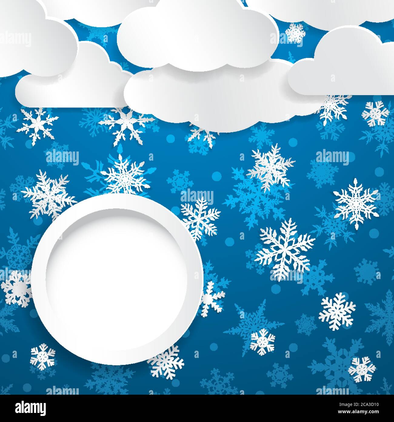 Christmas illustration with white clouds, snowflakes and circle frame ...