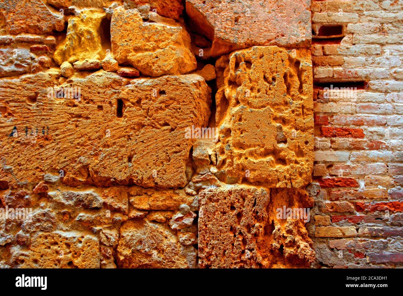 detail of the Roman wall and brick wall, Tarragona, Catalonia, Spain