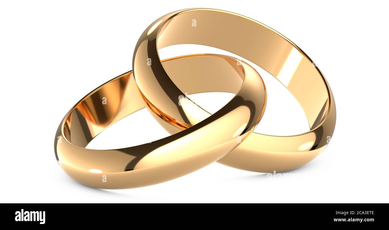3D rendering illustration of Two gold wedding rings connected like chain  links on an isolated white background Stock Photo - Alamy