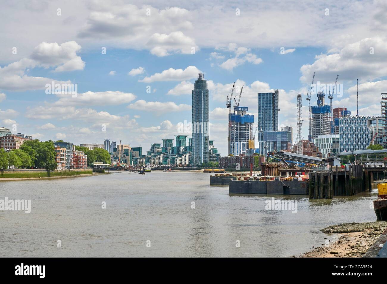Looking down the River Thames, shot from Battersea area showing tower block development in SW , London, UK, funded by russian, chinese money Stock Photo
