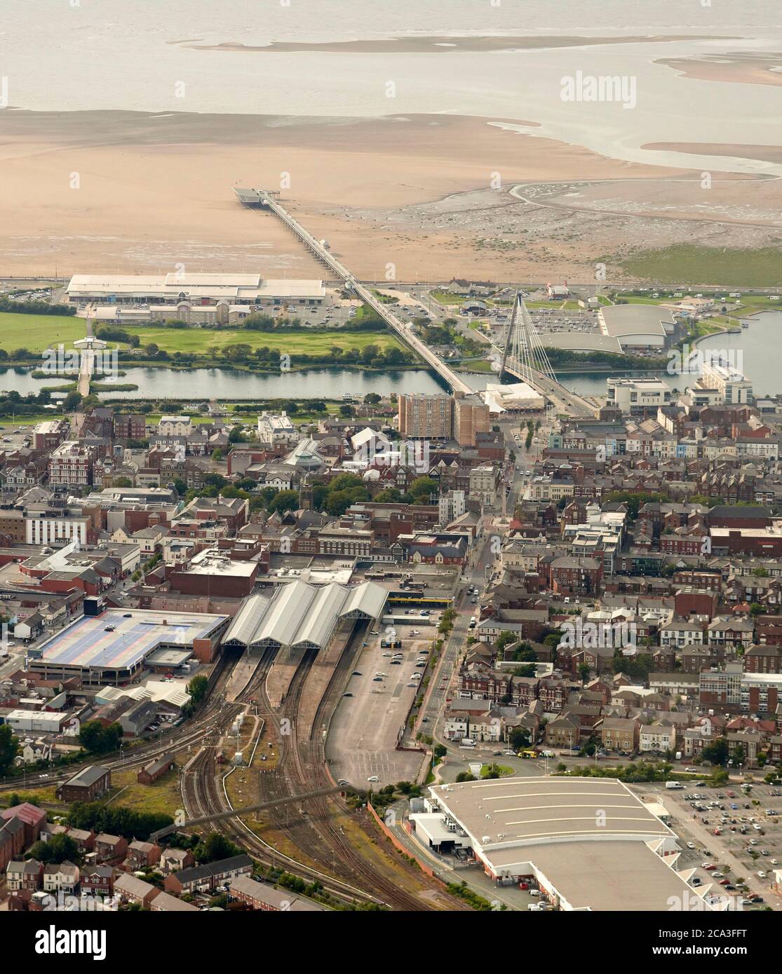 Southport, west coastal resort, looking over the railway station to the beach, north west England, UK Stock Photo