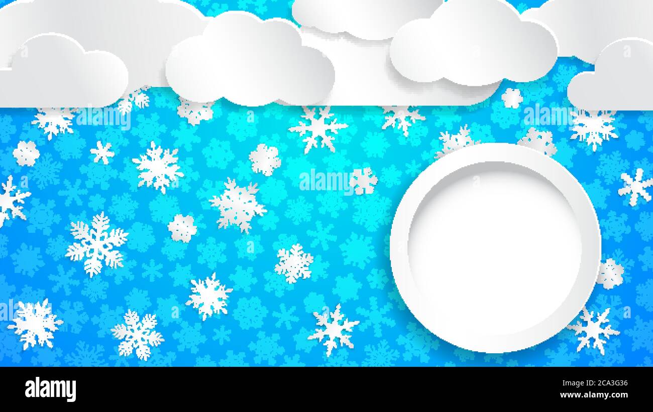 Christmas illustration with white clouds, snowflakes and circle frame ...