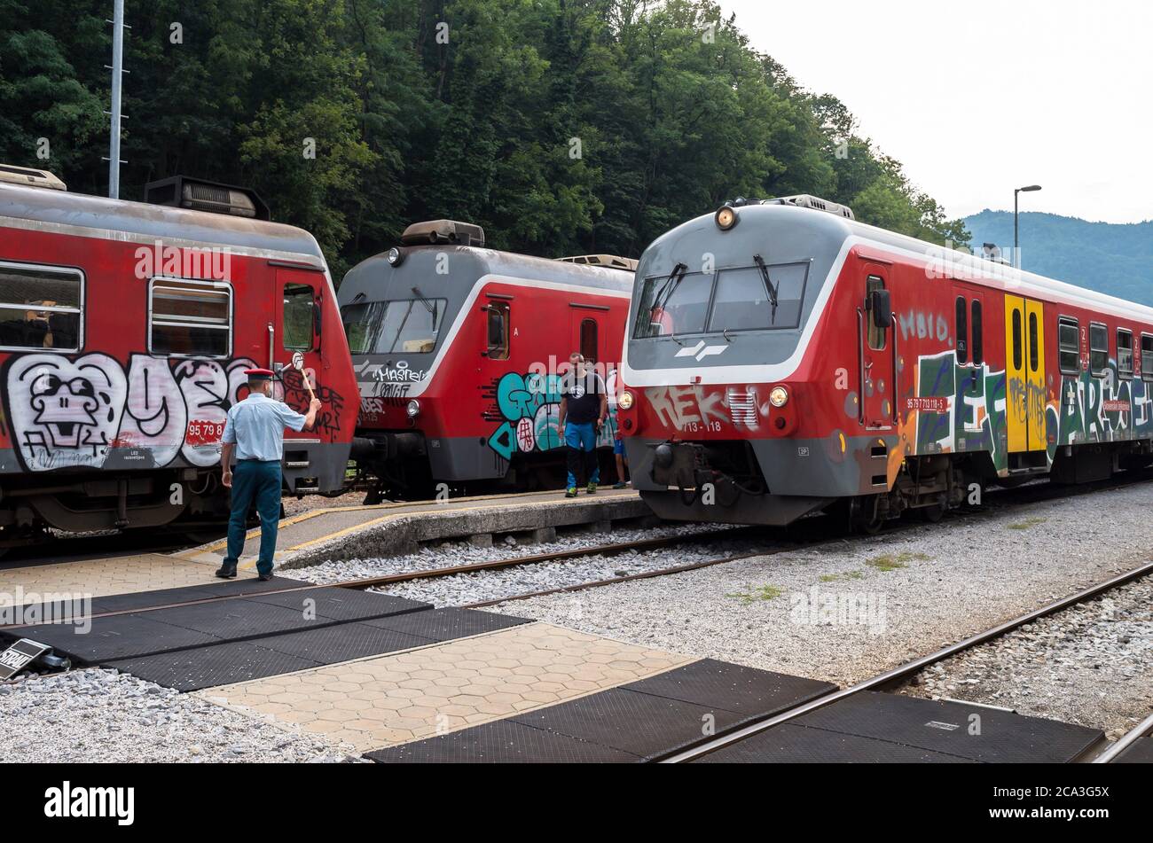 Trains in the railway station, Most na Soci, Slovenia Stock Photo Alamy