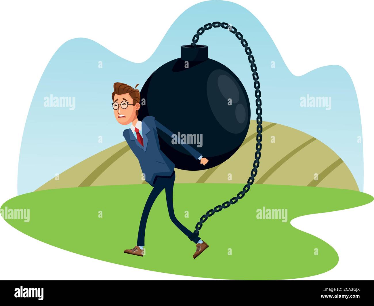 elegant businessman lifting slave fetter comic character icon vector illustration design Stock Vector
