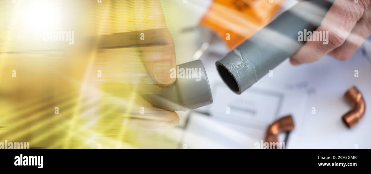 Plumber joining pvc pipe and fitting; multiple exposure Stock Photo Alamy