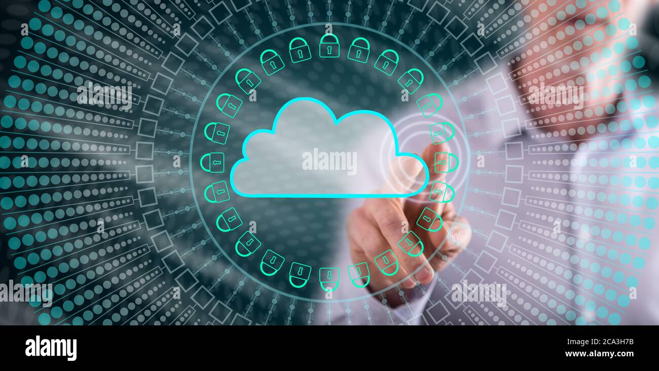 Man touching a cloud networking concept on a touch screen with his ...