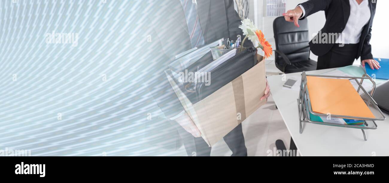 Employee laid off by a businesswoman; multiple exposure Stock Photo Alamy