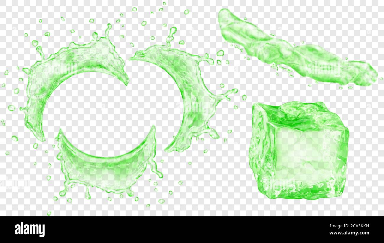 Set of translucent semicircular water splashes with drops, jet of liquid and ice cube in green colors, isolated on transparent background. Transparenc Stock Vector