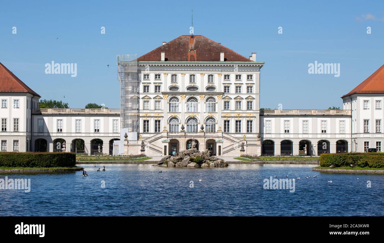 View on the center part of Nymphenburg Palace. Clear, blue sky - no people. Stock Photo