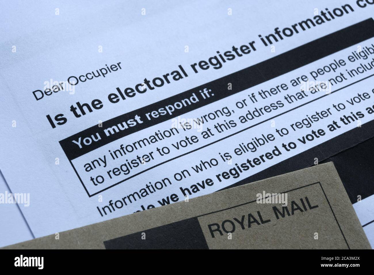 The UK electoral register information check letter received in a brown envelope. Close up. Stock Photo