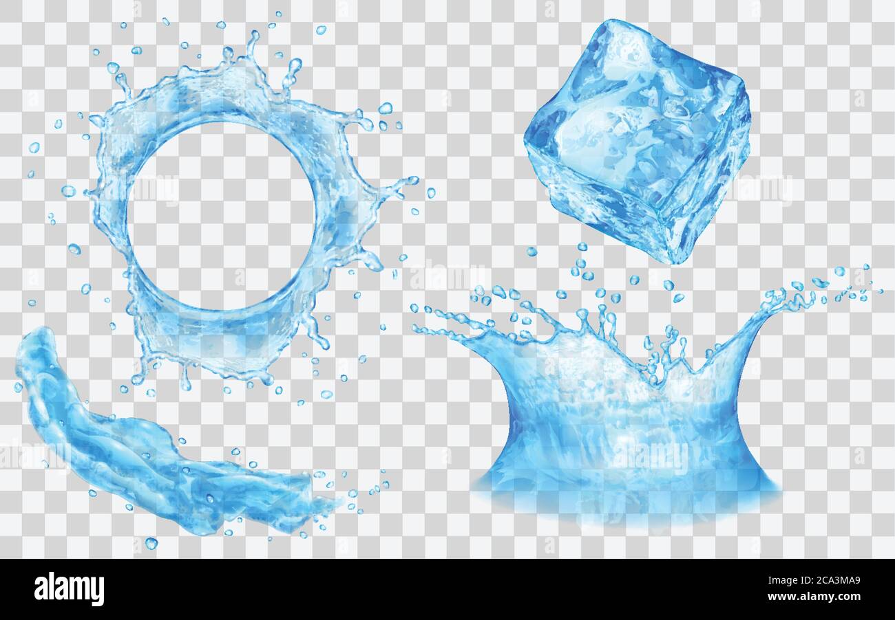 Translucent ice cube, splash and water crown with drops - top and side ...