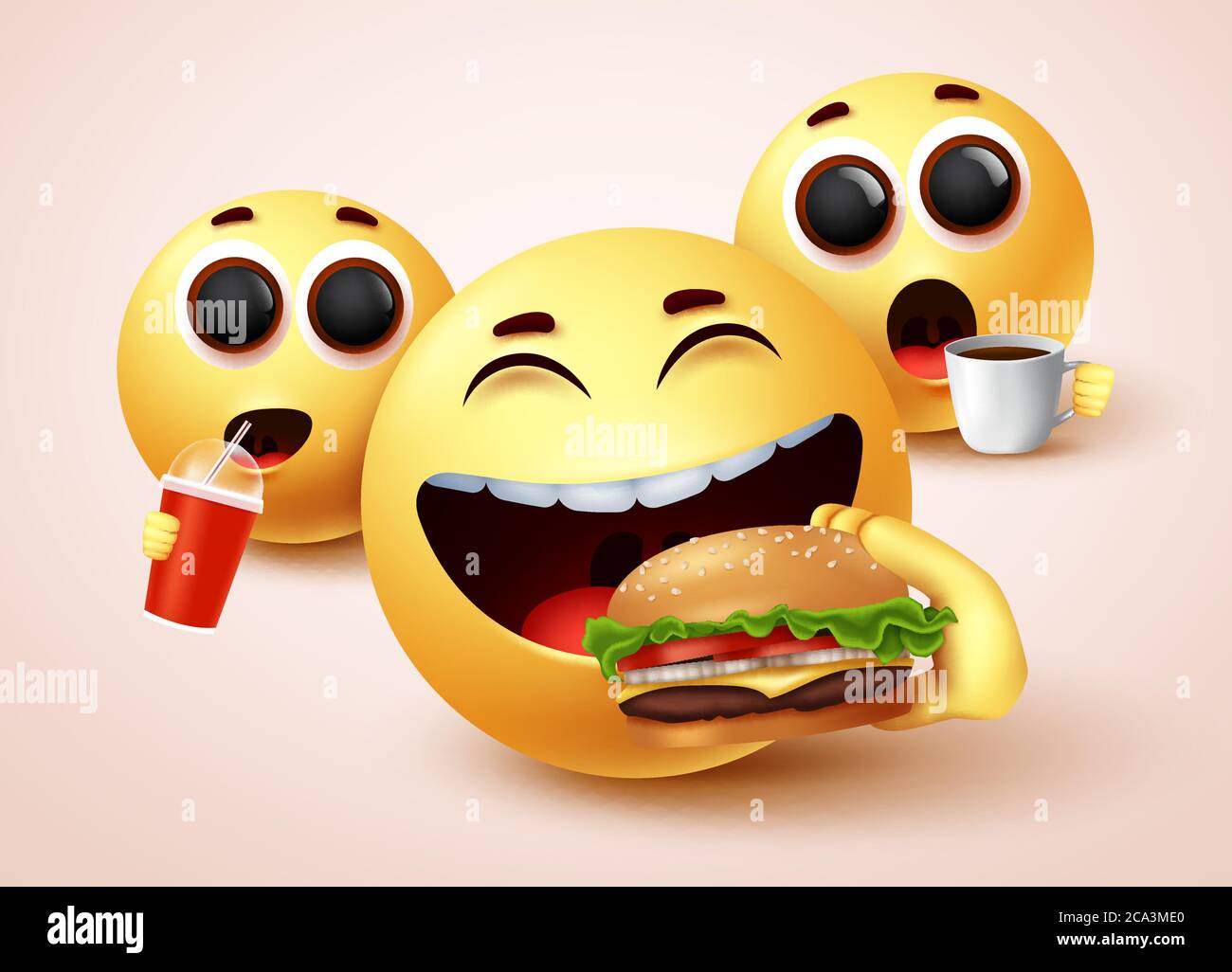 Smiley emoji eating fast food burger vector character design. Smiley emoticon with happy facial expressions while eating yummy snacks like hamburger Stock Vector