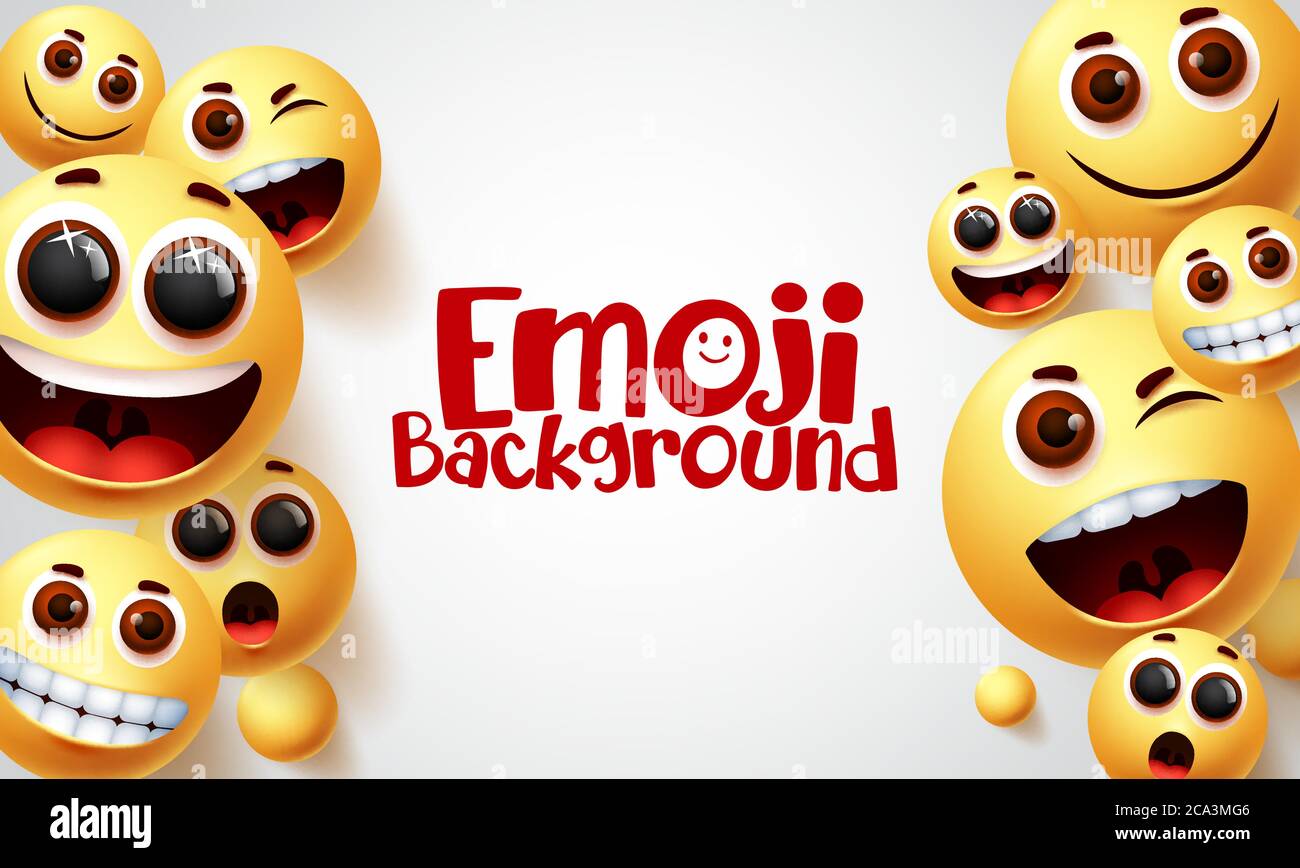 Emoji vector background design. Smiley emoji and smile faces emoticons with happy and funny facial expressions in white space background for text. Stock Vector