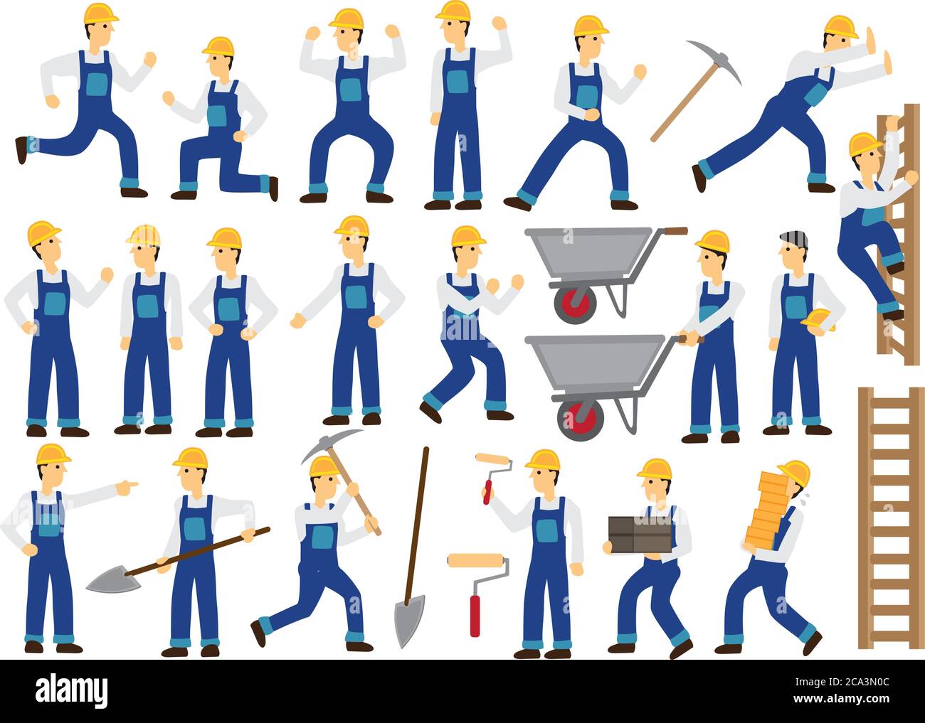 Construction worker character with different action and poses. Flat isolated vector illustration. Stock Vector