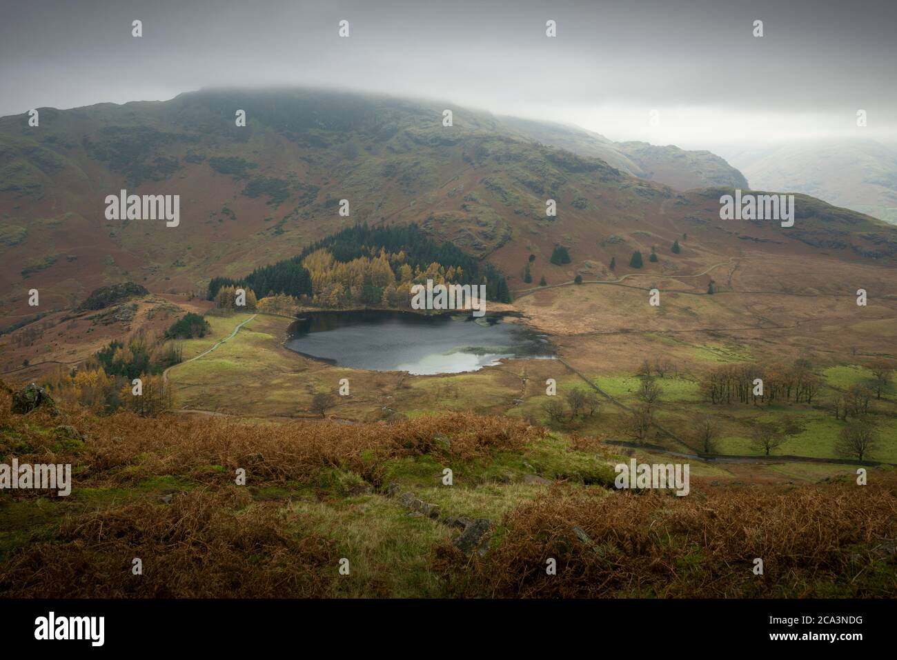 Blea Tarn and Wrynose Fell from Lingmoor Fell on a misty autumnal day in the Lake District National park, Cumbria, England. Stock Photo
