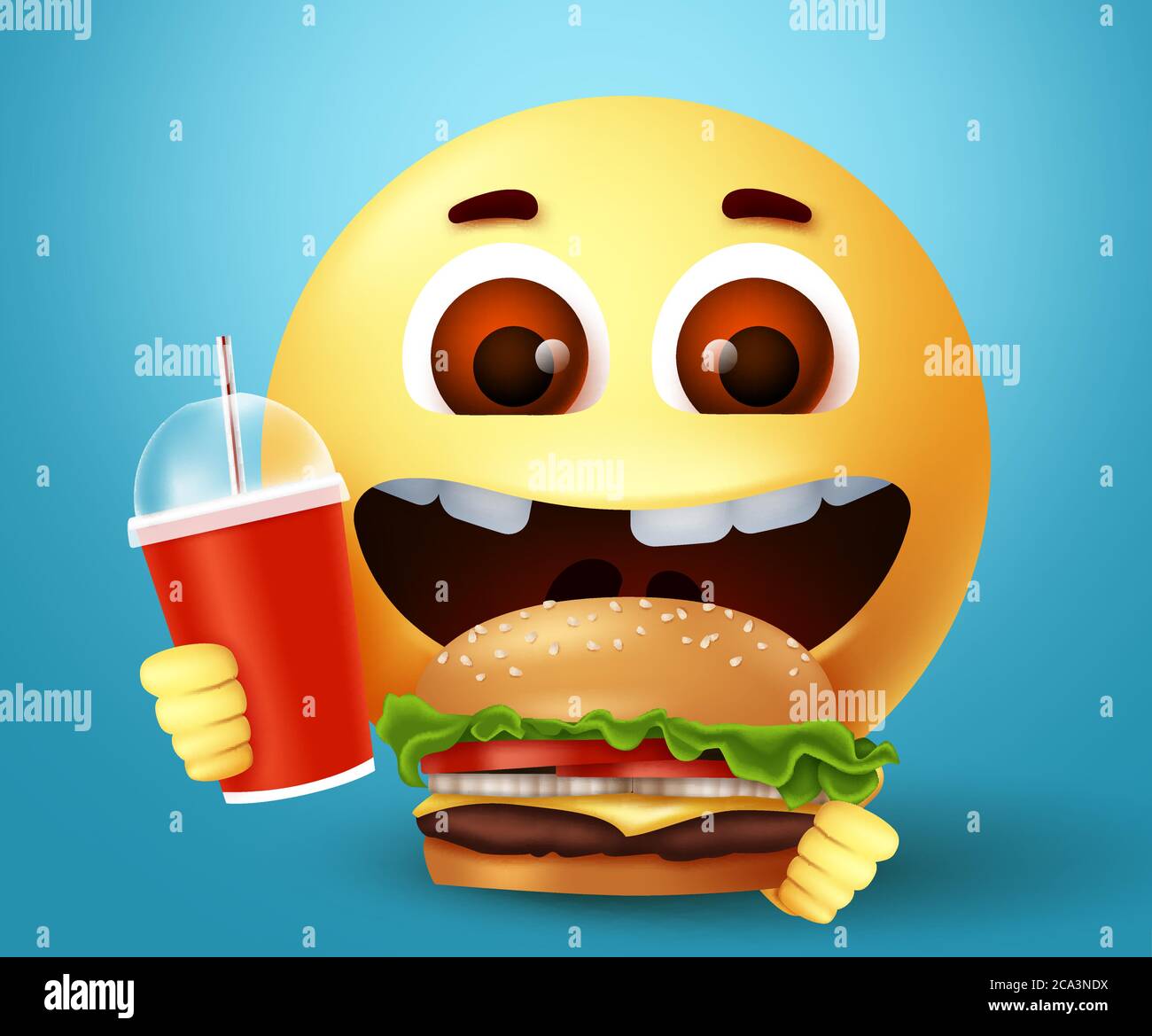 Emoji smiley happy eating fast food burger character vector design. Smiley emoticon with happy and excited facial expression holding yummy hamburger Stock Vector