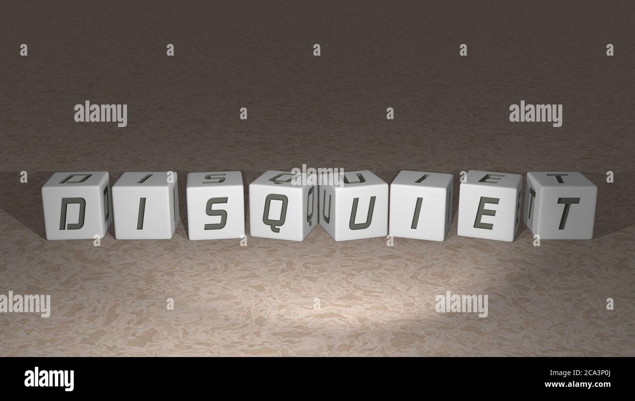 alphabetic Disquiet arranged by cubic letters on a mirror floor, concept meaning and presentation in 3D perspective Stock Photo