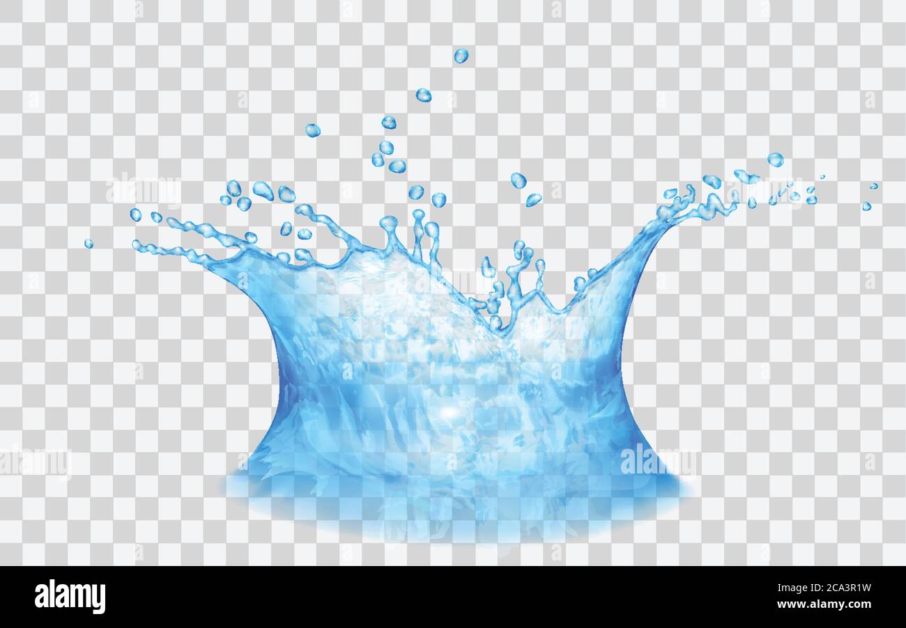 Translucent water crown with drops. Splash in blue colors, isolated on transparent backdrop. For used on light backgrounds. Transparency only in vecto Stock Vector