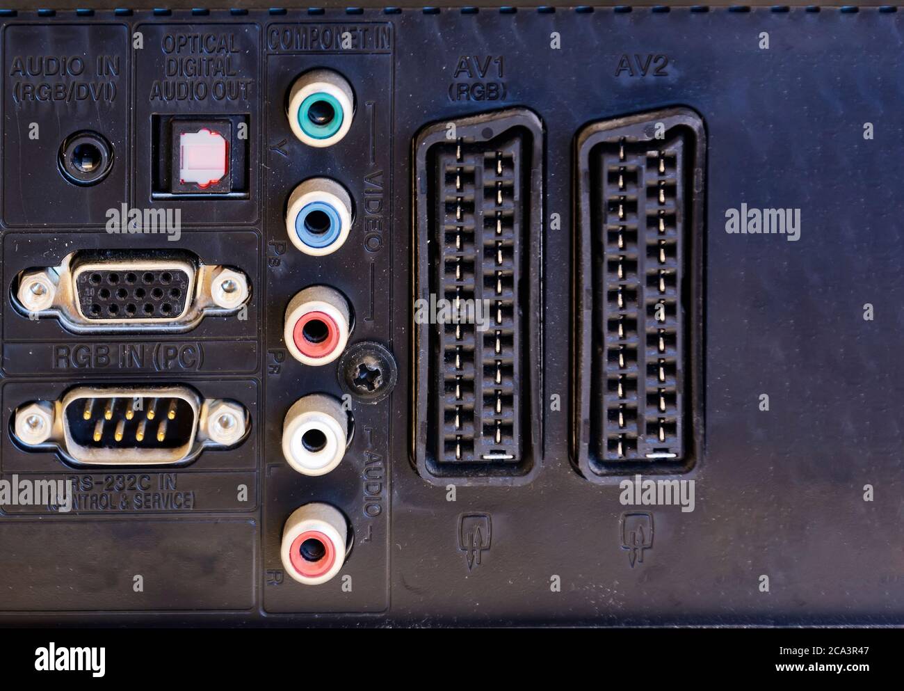 Rear panel of a television with sockets for audio / video, scart connections and for rgb video input for the monitor. Technology and connections betwe Stock Photo