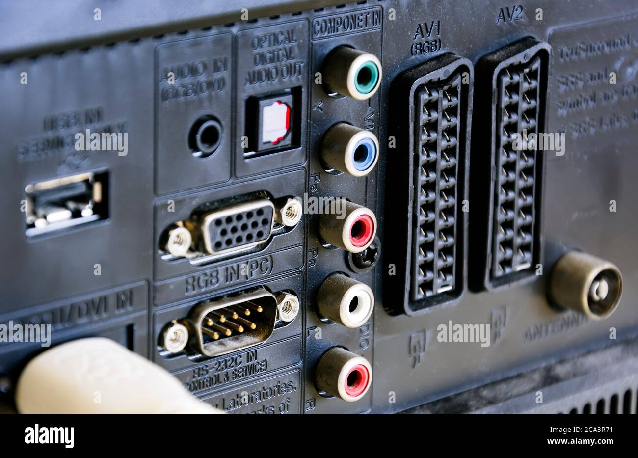 Rear panel of a television with sockets for audio / video, scart connections and for rgb video input for the monitor. Technology and connections betwe Stock Photo