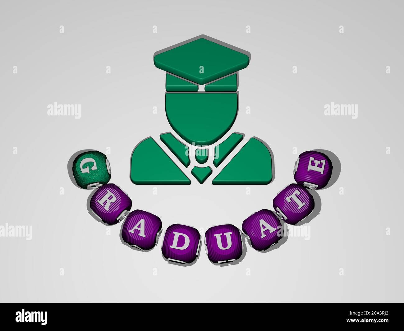 3D illustration of GRADUATE graphics and text around the icon made by metallic dice letters for the related meanings of the concept and presentations. education and graduation Stock Photo